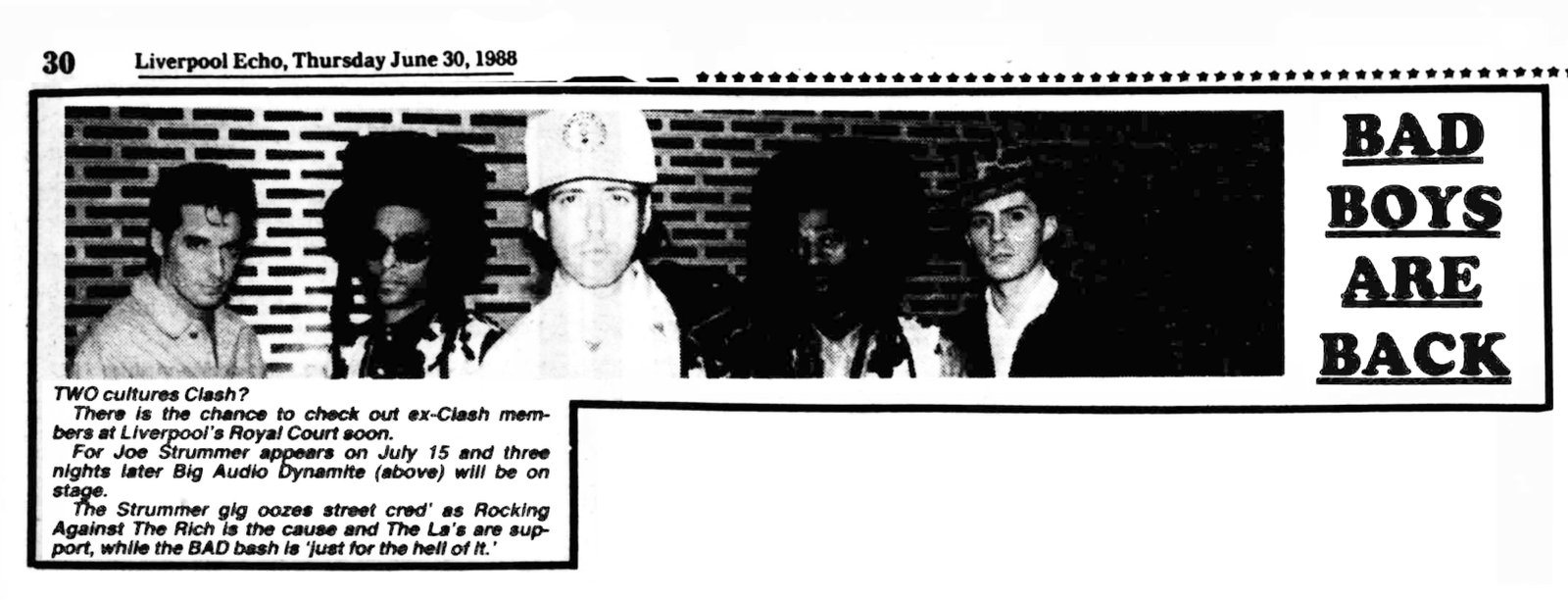 BAD BOYS ARE BACK, Liverpool Echo 30 June 1988