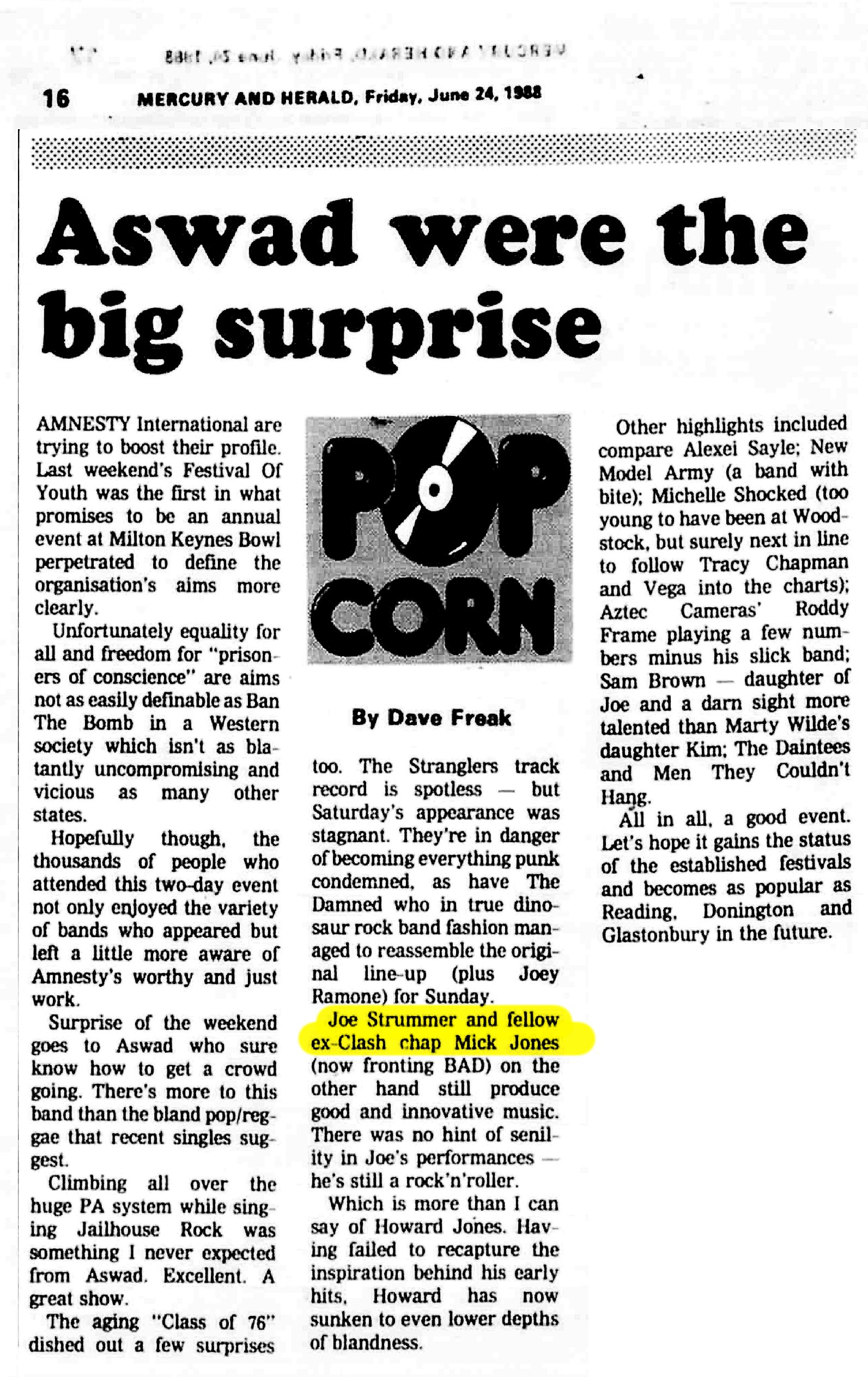 Aswad were the big surprise, Mercury and Herald, 24 June 1988