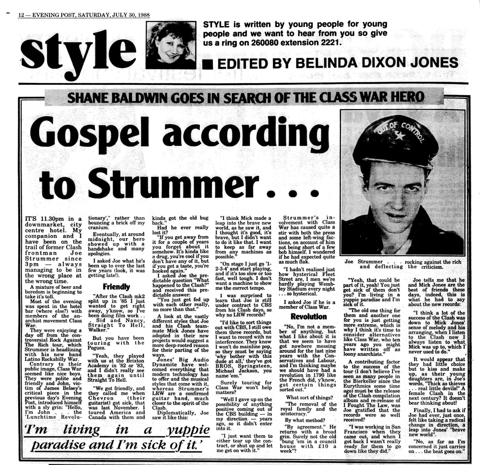 Gospel according to Strummer, Evening Post, 30 July 1988