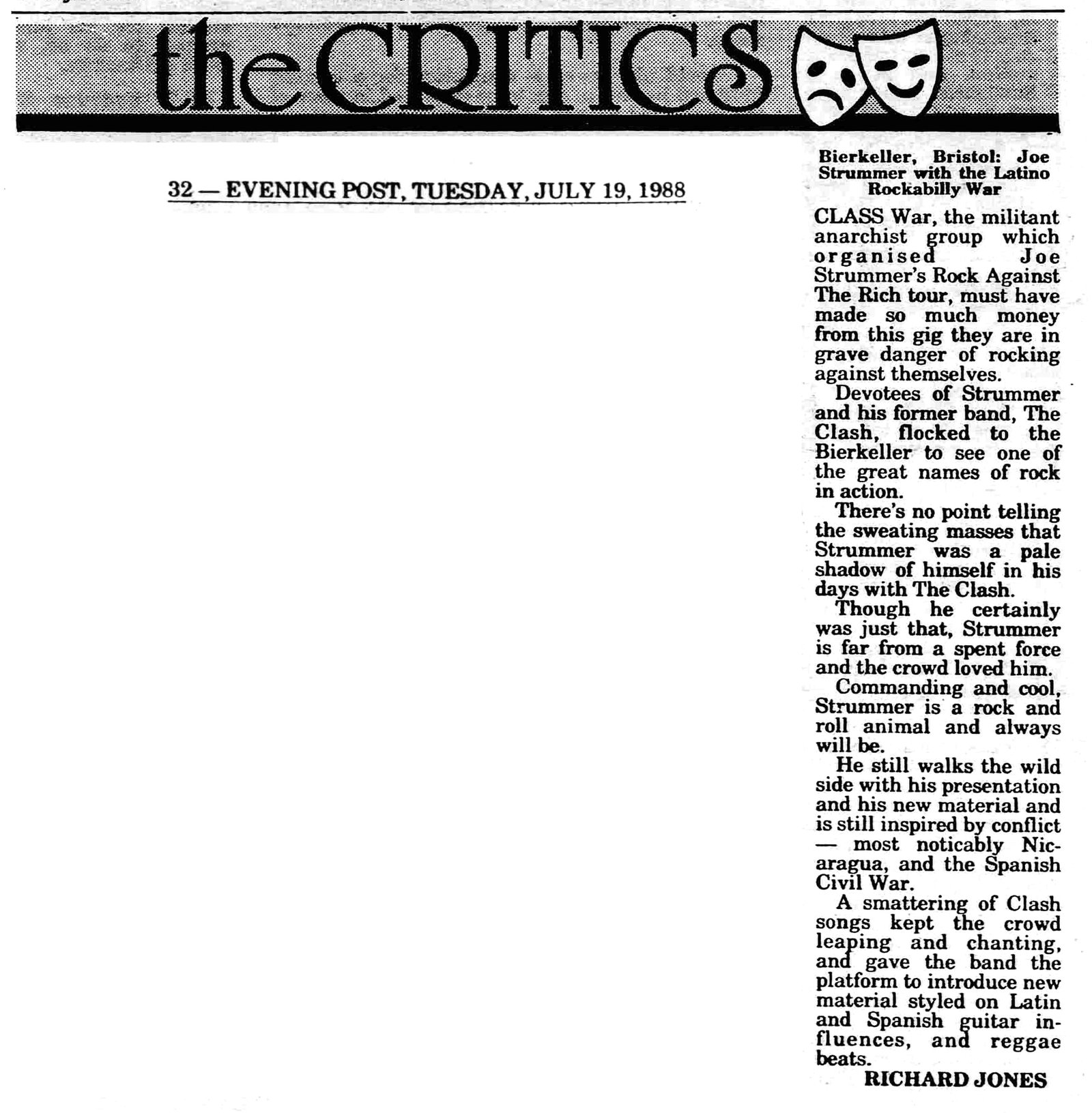 Bierkeller, Bristol: Joe Strummer with the Latino Rockabilly War, Evening Post, 19 July 1988