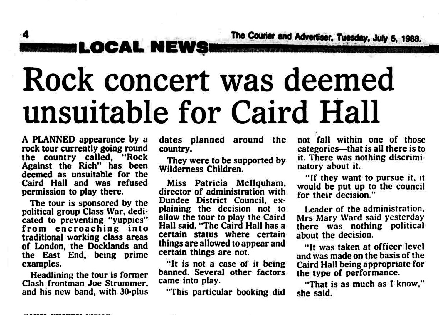 Rock concert was deemed unsuitable for Caird Hall - The Courier and Advertiser, 5 July 1988