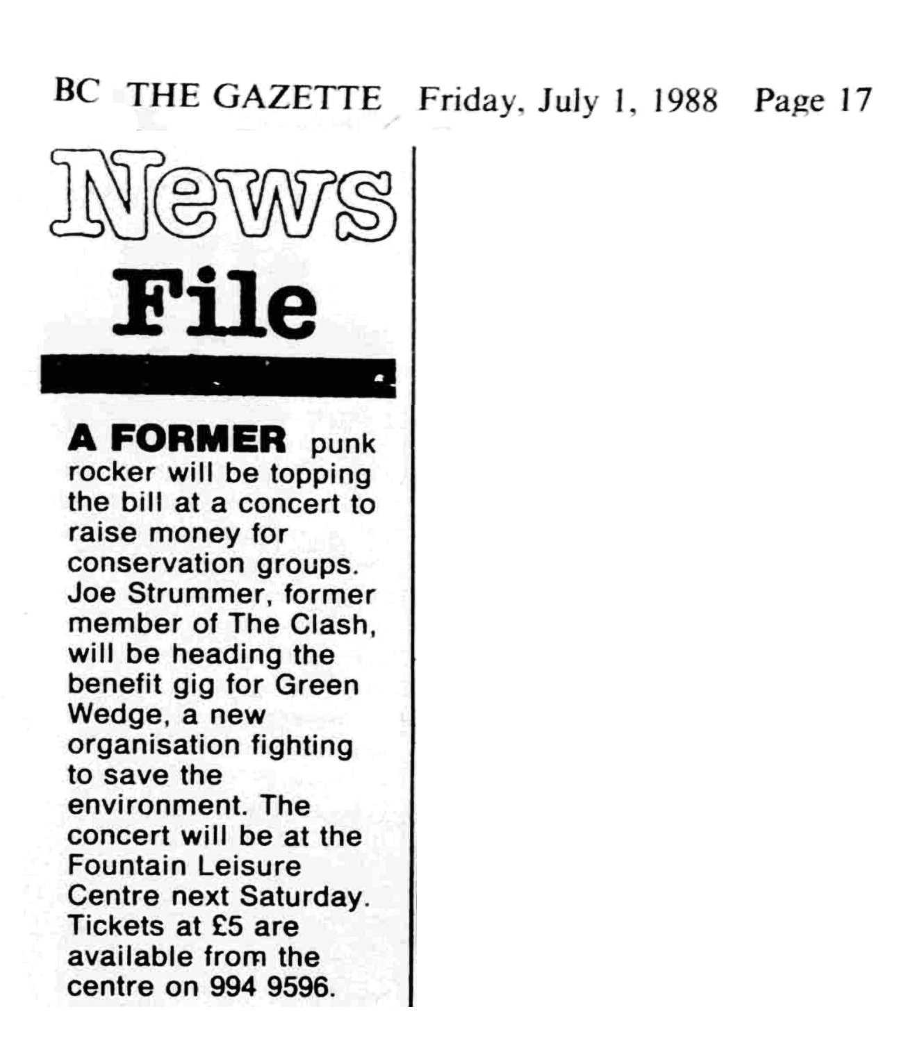 News File: Joe Strummer at Green Wedge concert - Hammersmith & Shepherds Bush Gazette, 1 July 1988