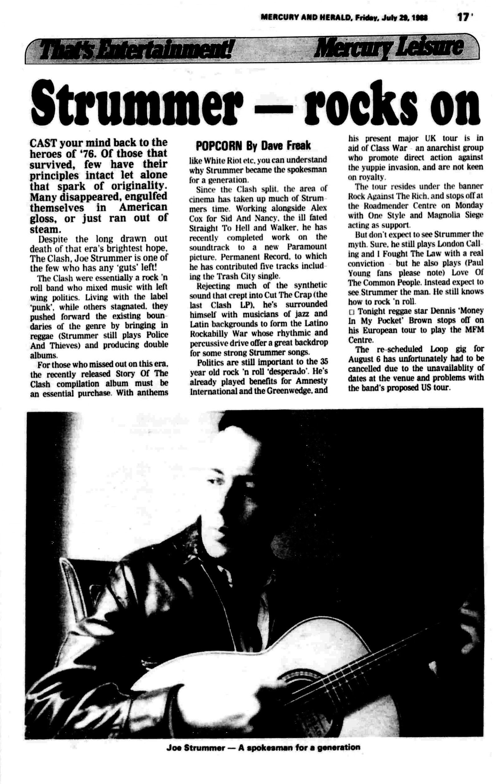 Strummer — rocks on - Mercury and Herald, 29 July 1988, p. 17